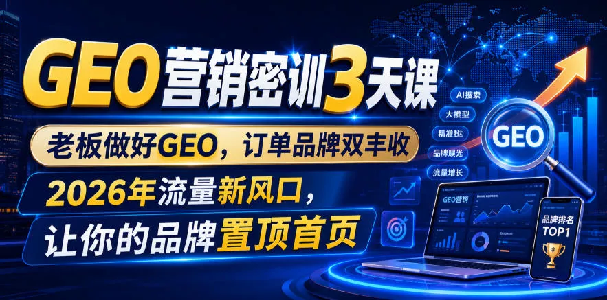 GEO营销密训3天课,老板做好GEO,订单品牌双丰收,2026年流量新风口,让你的品牌置顶首页