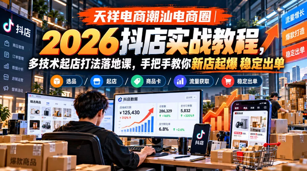 天祥电商潮汕电商圈｜2026抖店实战教程，多技术起店打法落地课，手把手教你新店起爆稳定出单_抖汇吧