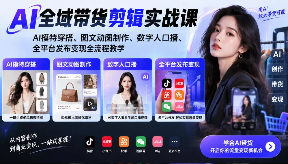 AI全域带货剪辑实战课｜AI模特穿搭、图文动图制作、数字人口播、全平台发布变现全流程教学_抖汇吧