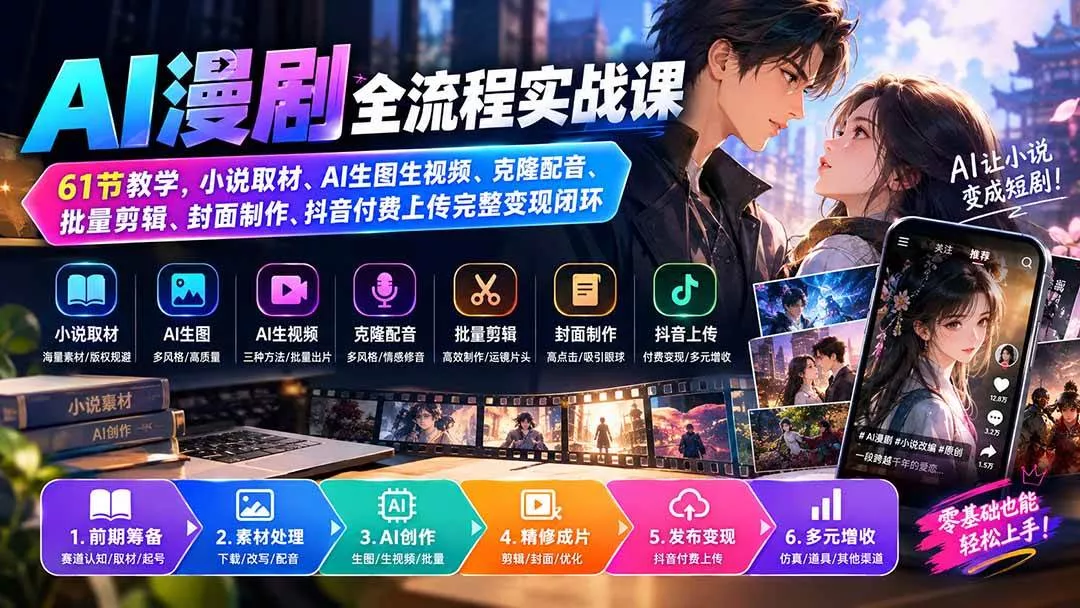 （20199期）AI漫剧全流程实战课｜61节教学，小说取材、AI生图生视频、克隆配音、批量剪辑、封面制作、抖音付费上传完整变现闭环_抖汇吧