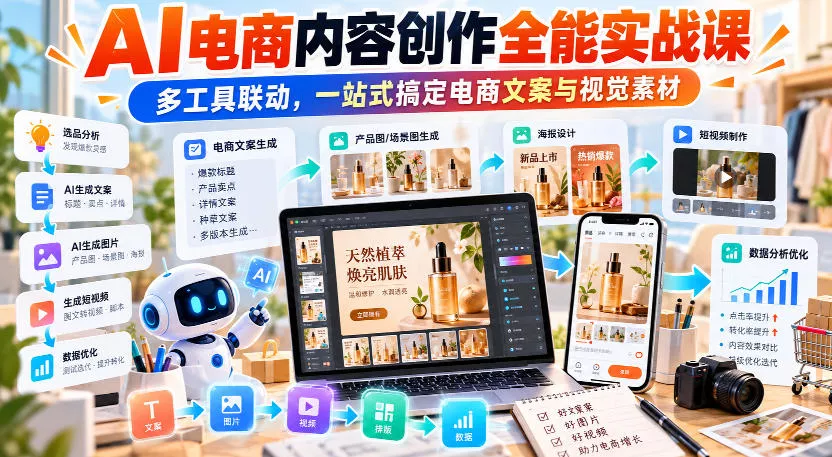 【无水印】AI电商内容创作全能实战课｜多工具联动，一站式搞定电商文案与视觉素材_抖汇吧