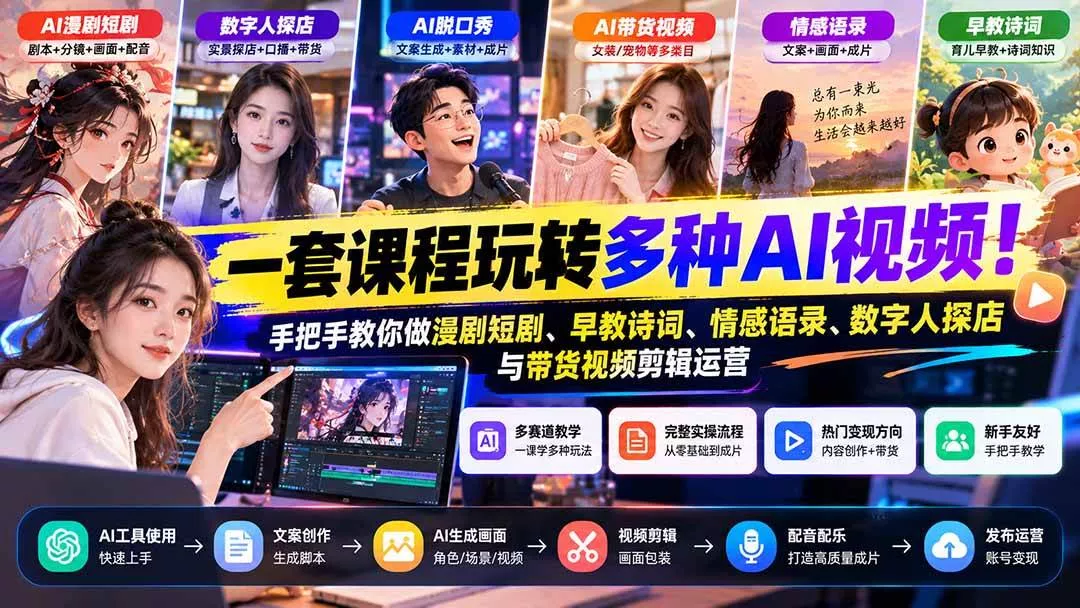（21271期）【无水印】一套课程玩转多种AI视频！手把手教你做漫剧短剧、早教诗词、情感语录、数字人探店与带货视频剪辑运营_抖汇吧