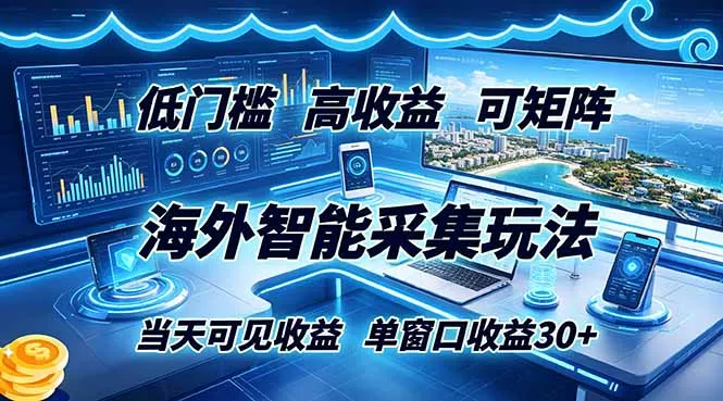 海外智能采集玩法，低门槛高单价可矩阵，当天可见收益，单窗口30+_抖汇吧