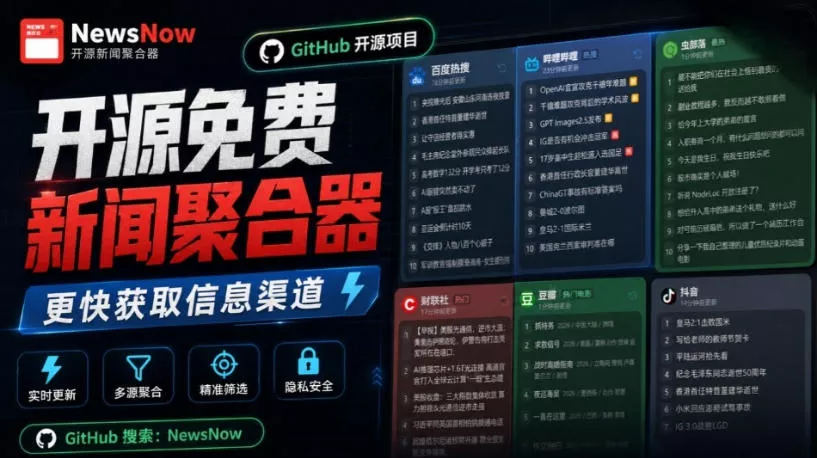 Github开源免费新闻聚合器，更快的获取信息渠道！实时热点聚集，支持主流国内外平台内容显示newsnow_抖汇吧