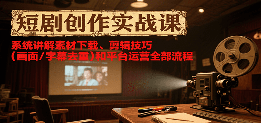短剧创作实战课，系统讲解素材下载、剪辑技巧（画面/字幕去重）和平台运营全部流程_抖汇吧