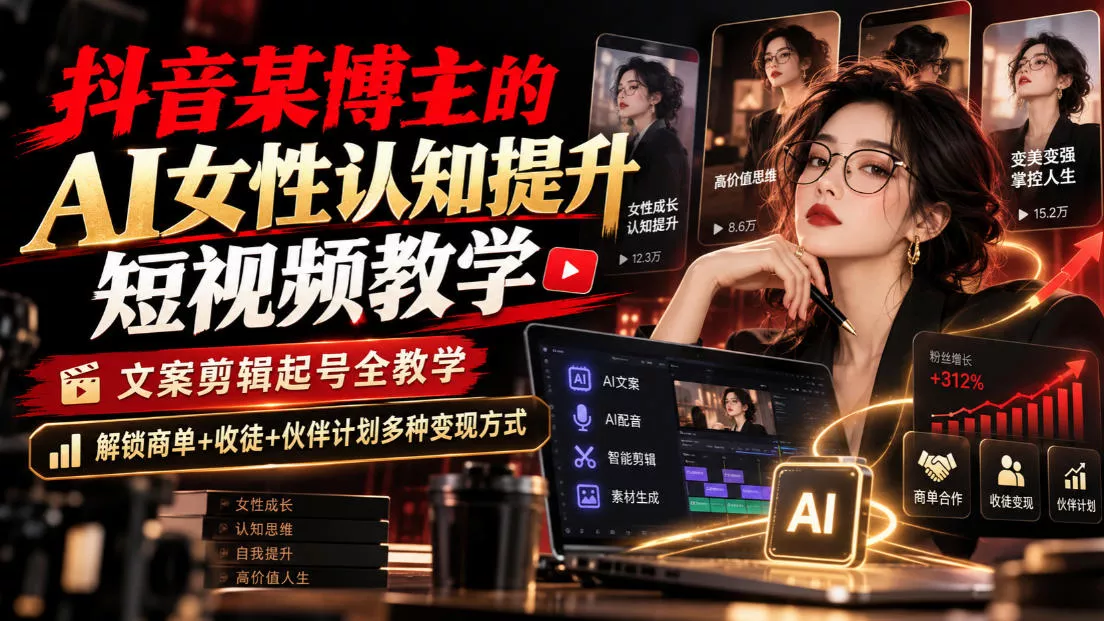 抖音某博主的Ai女性认知提升短视频教学，文案剪辑起号全教学，解锁商单+收徒+伙伴计划多种变现方式_抖汇吧