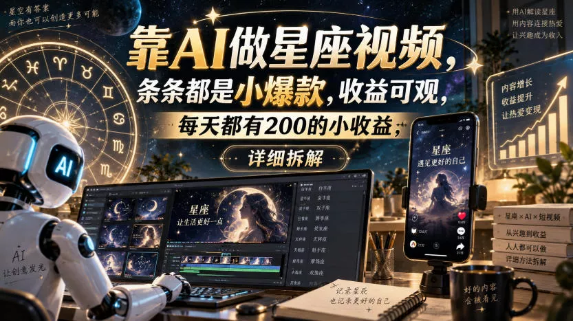 靠AI做星座视频，条条都是小爆款，收益可观，每天都有200的小收益，详细拆解_抖汇吧