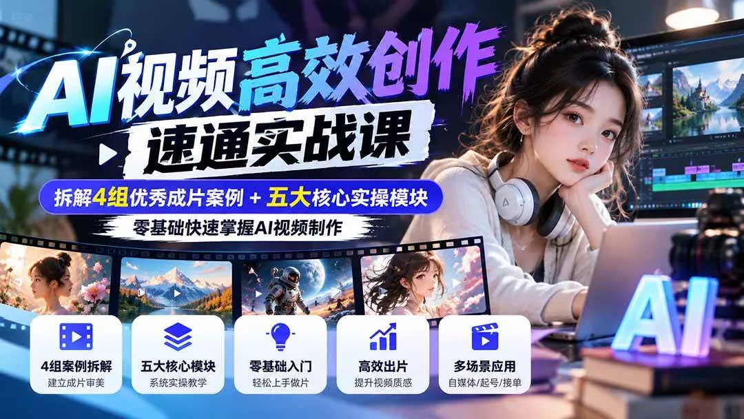 （20819期）【无水印】AI视频高效创作速通实战课：拆解4组优秀成片案例+五大核心实操模块，零基础快速掌握AI视频制作_抖汇吧