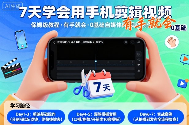 7天学会用手机剪辑视，保姆级教程，有手就会，0基础自媒体短视频创作教程_抖汇吧