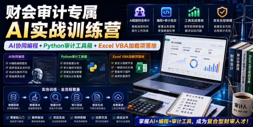 财会审计专属AI实战训练营｜AI协同编程+Python审计工具箱+Excel VBA加载项落地_抖汇吧