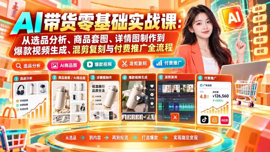 （20856期）AI带货零基础实战课：从选品分析、商品套图、详情图制作到爆款视频生成、混剪复刻与付费推广全流程_抖汇吧