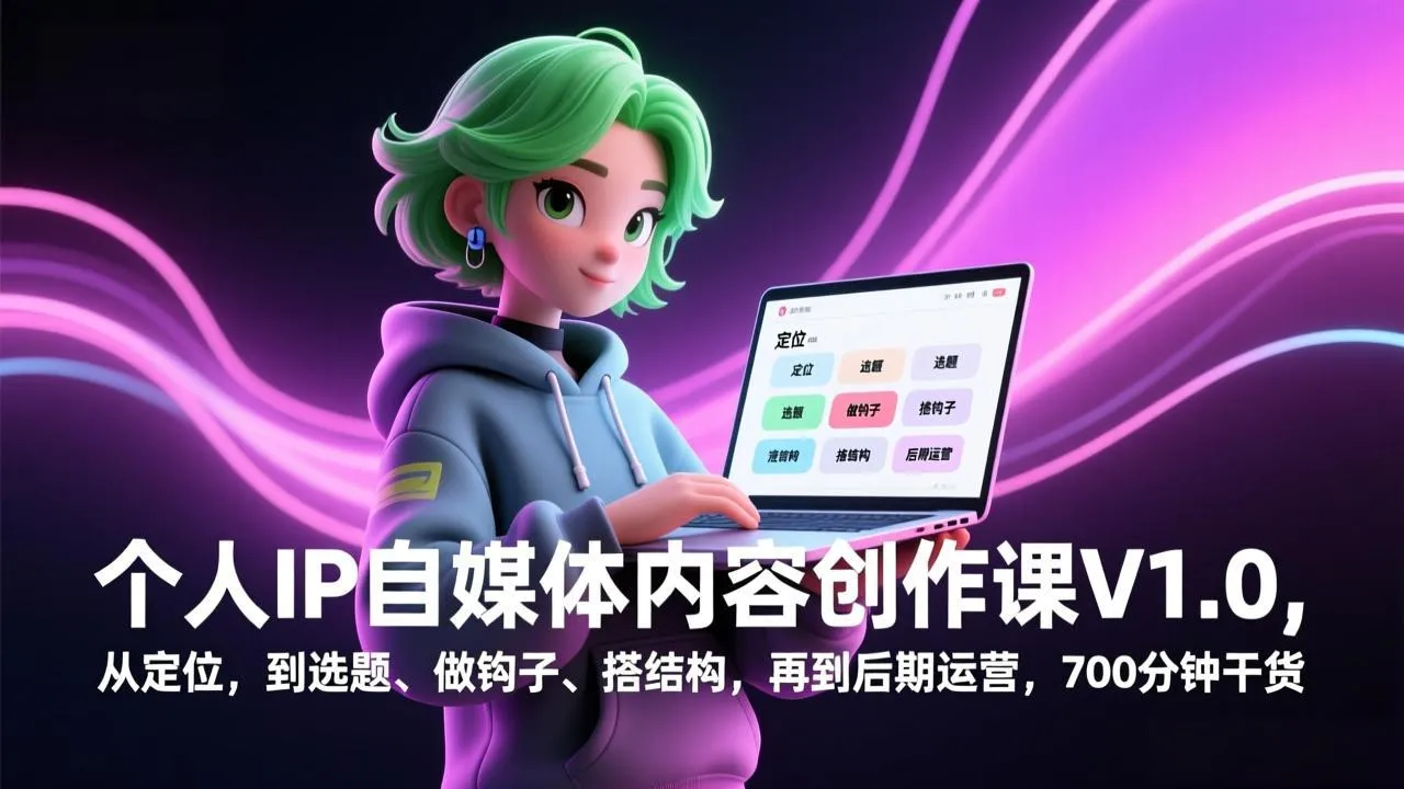 个人IP自媒体内容创作课V1.0，从定位，到选题、做钩子、搭结构，再到后期运营，700分钟干货_抖汇吧