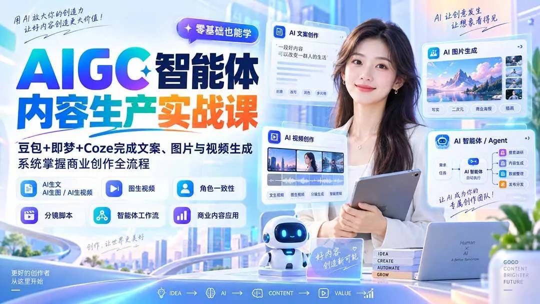 （20372期）AIGC智能体内容生产实战课：豆包+即梦+Coze完成文案、图片与视频生成，系统掌握商业创作全流程_抖汇吧