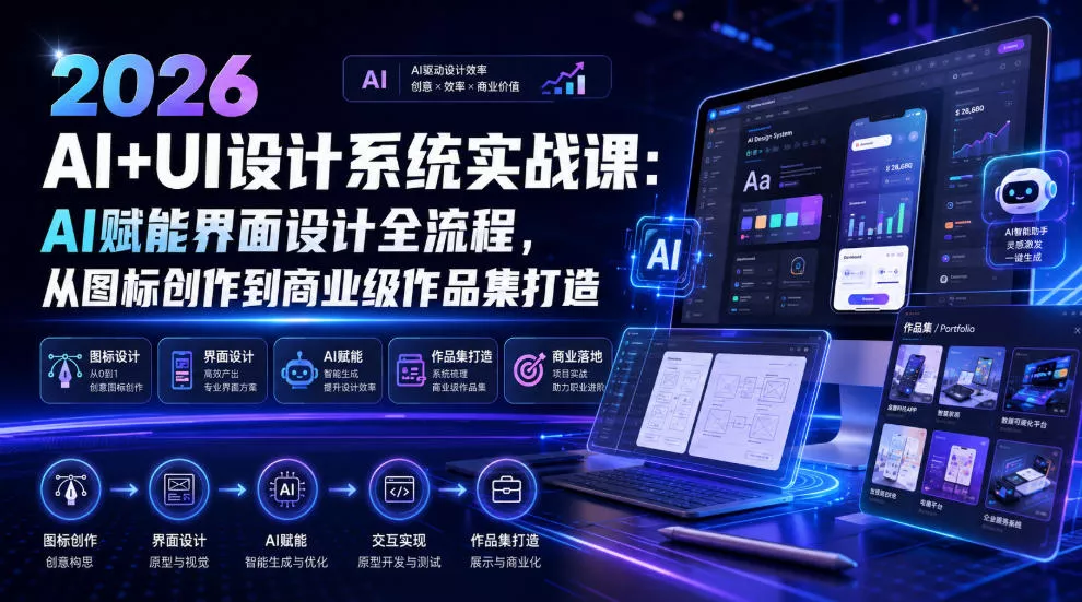 2026 AI+UI设计系统实战课:AI赋能界面设计全流程,从图标创作到商业级作品集打造