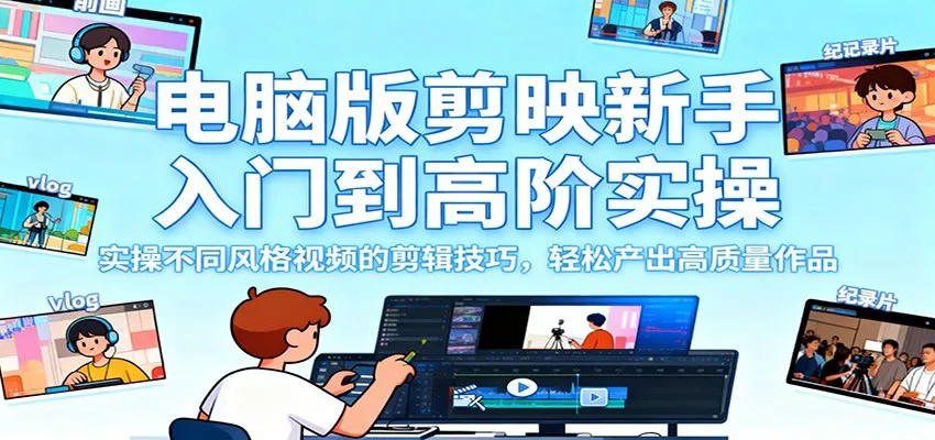 电脑版剪映新手入门到高阶实操，实操不同风格视频的剪辑技巧，轻松产出高质量作品_抖汇吧