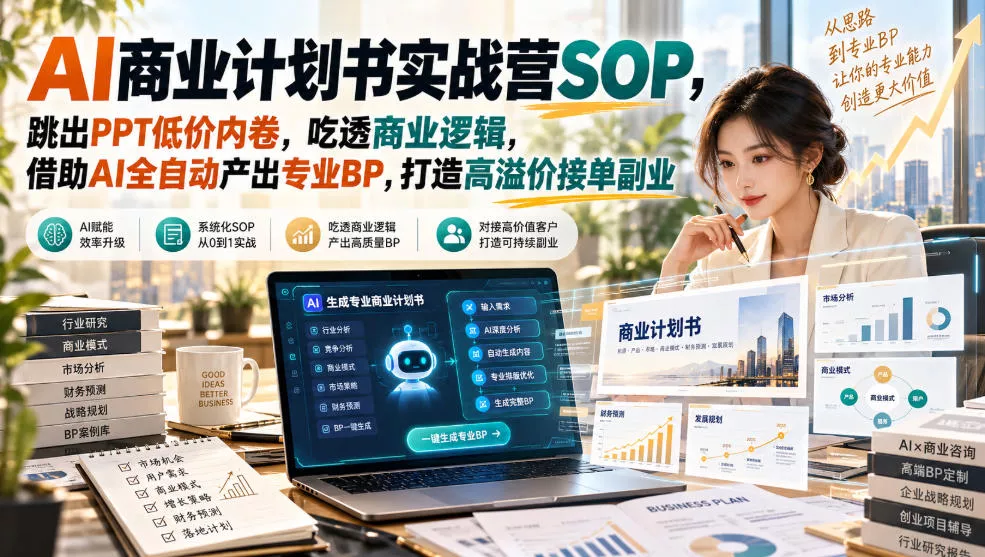 【无水印】AI商业计划书实战营SOP,跳出PPT低价内卷,吃透商业逻辑,借助AI全自动产出专业BP,打造高溢价接单副业_抖汇吧