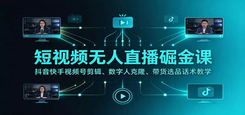 短视频无人直播掘金课：抖音快手视频号剪辑、数字人克隆、带货选品话术教学_抖汇吧