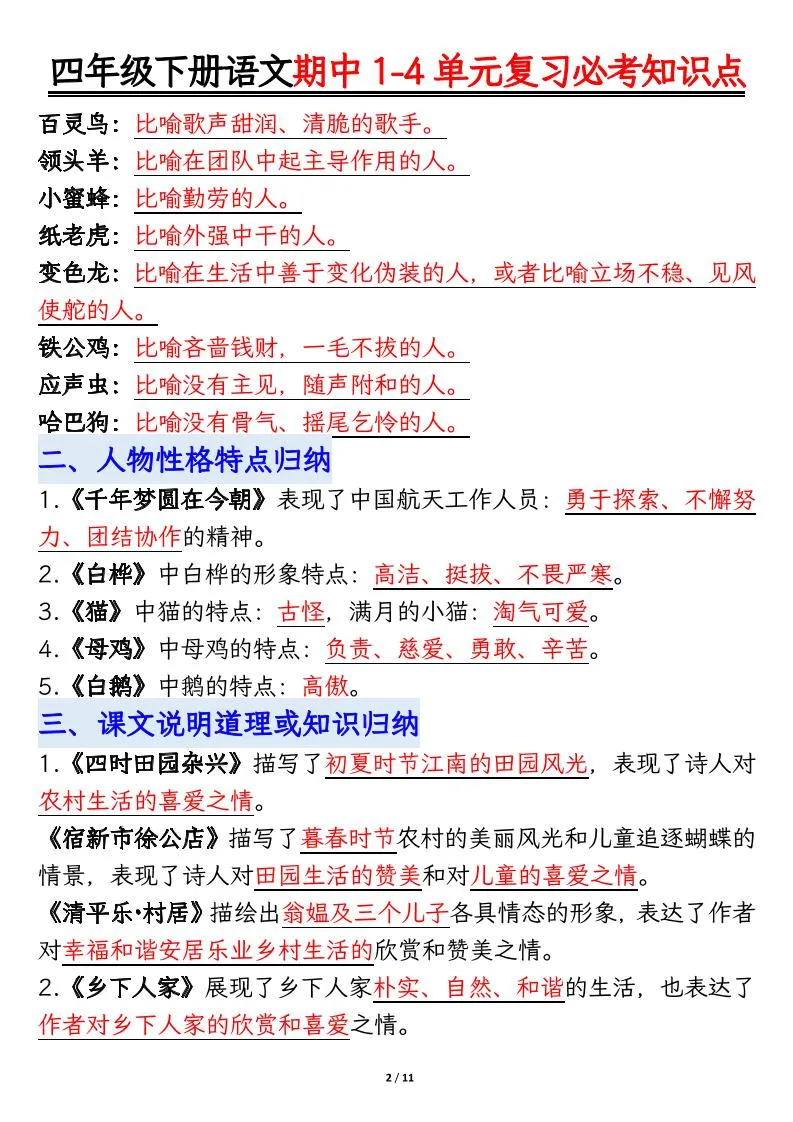 四年级下语文期中1-4单元复习必考知识点_抖汇吧