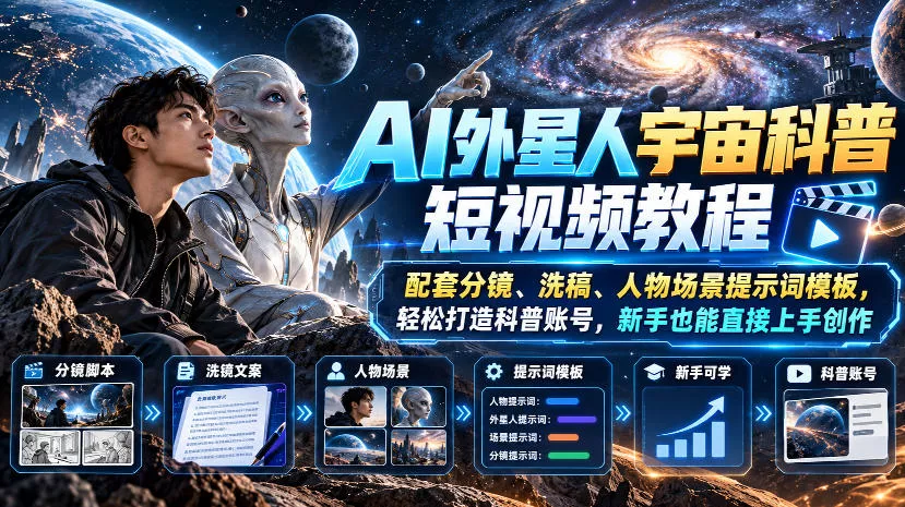 AI外星人宇宙科普短视频教程，配套分镜、洗稿、人物场景提示词模板，轻松打造科普账号，新手也能直接上手创作_抖汇吧