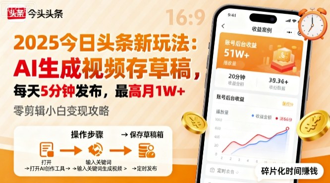 2025年今日头条躺賺新玩法，AI生成视频存草稿，每天5分钟发布，最高月1W+【揭秘】_抖汇吧