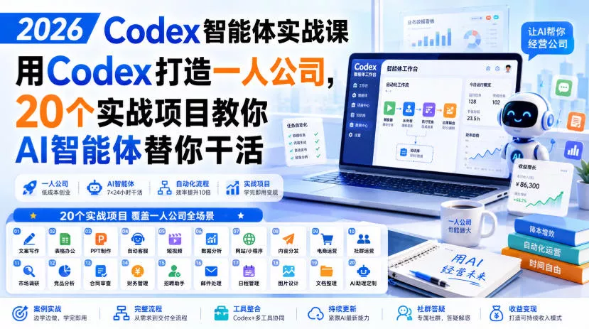 2026 Codex智能体实战课，用Codex打造一人公司，20个实战项目教你AI智能体替你干活_抖汇吧
