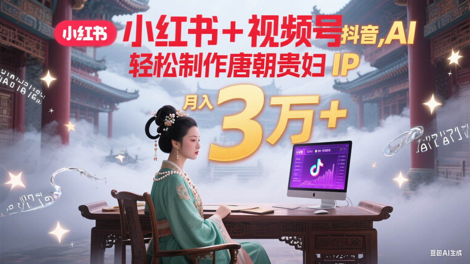 小红书+视频号+抖音，AI轻松制作唐朝贵妇IP，毒鸡汤、励志、减肥瘦身、养生赛道轻松切入，每天30分钟，轻松产出N条，月入3万+_抖汇吧