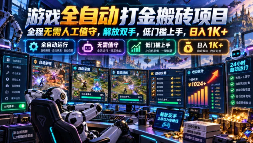 游戏全自动打金搬砖项目，全程无需人工值守，解放双手，低门槛上手，日入1K+【揭秘】_抖汇吧