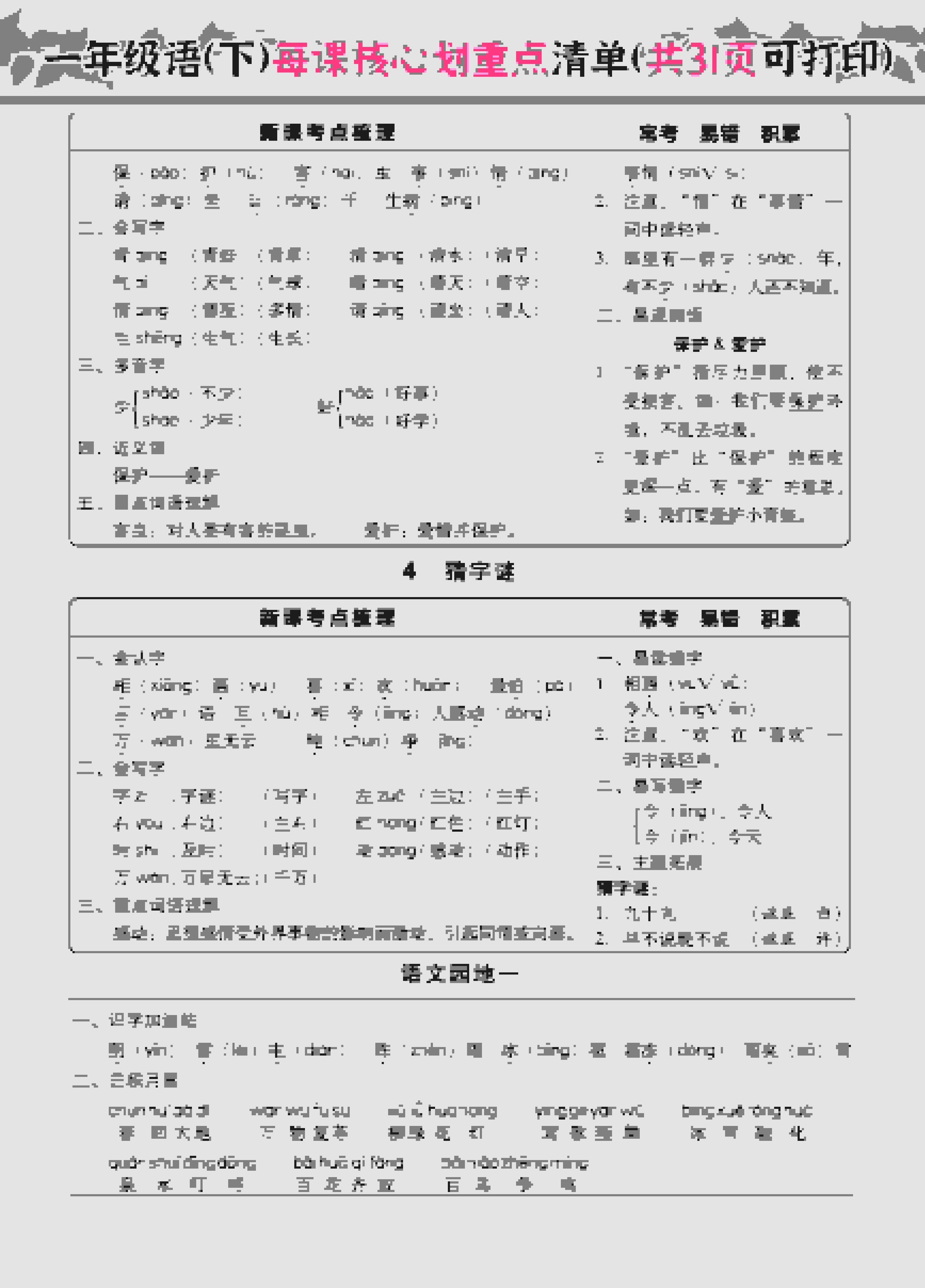 一年级下语文每课核心划重点