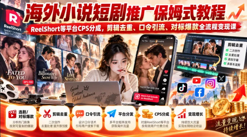 海外小说短剧推广保姆式教程｜ReelShort等平台CPS分成，剪辑去重、口令引流、对标爆款全流程变现课_抖汇吧
