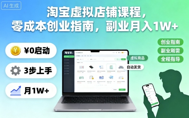 淘宝虚拟店铺课程，零成本创业指南，副业月入1W+_抖汇吧