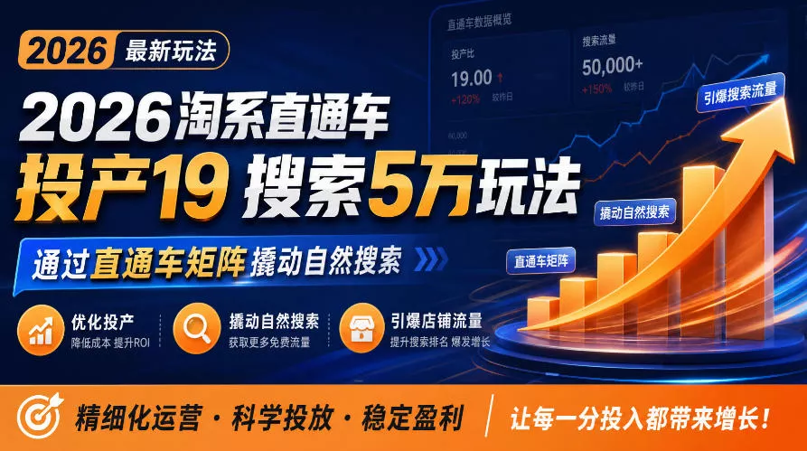 2026淘系直通车投产19搜索5万玩法，通过直通车矩阵撬动自然搜索，帮助商家优化投产，引爆店铺搜索流量_抖汇吧