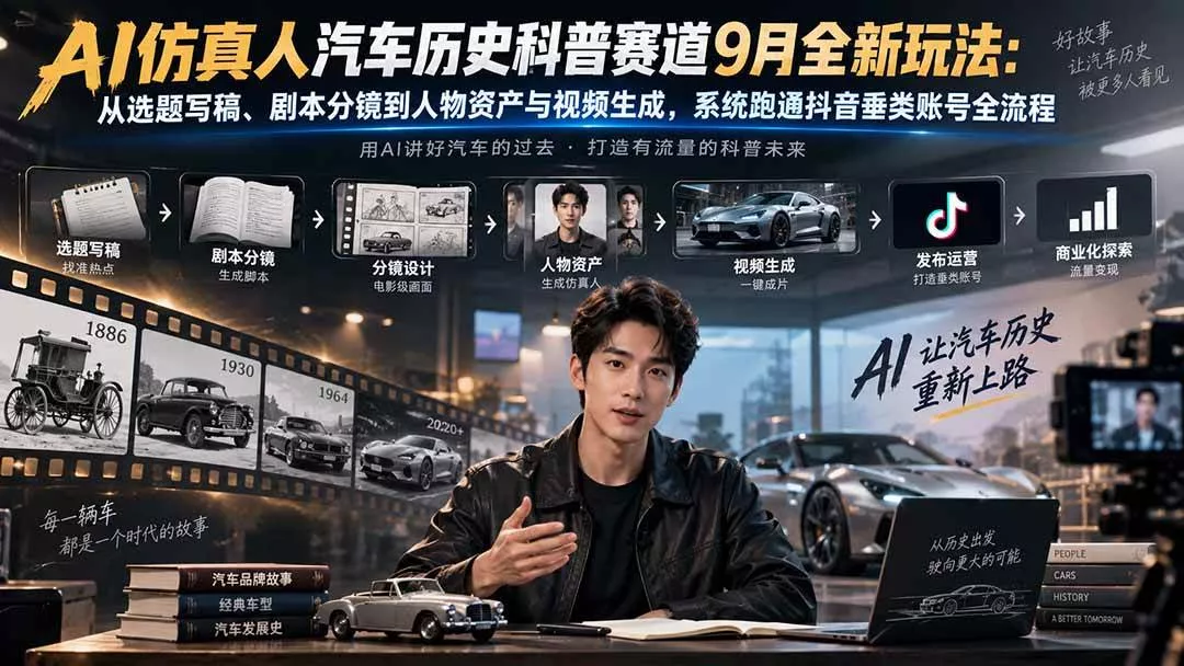 (20413期)AI仿真人汽车历史科普赛道9月全新玩法:从选题写稿、剧本分镜到人物资产与视频生成,系统跑通抖音垂类账号全流程 (20413期)AI仿真人汽车历史科普赛道9月全新玩法:从选题写稿、剧本分镜到人物资产与视频生成,系统跑通抖音垂类账号全流程