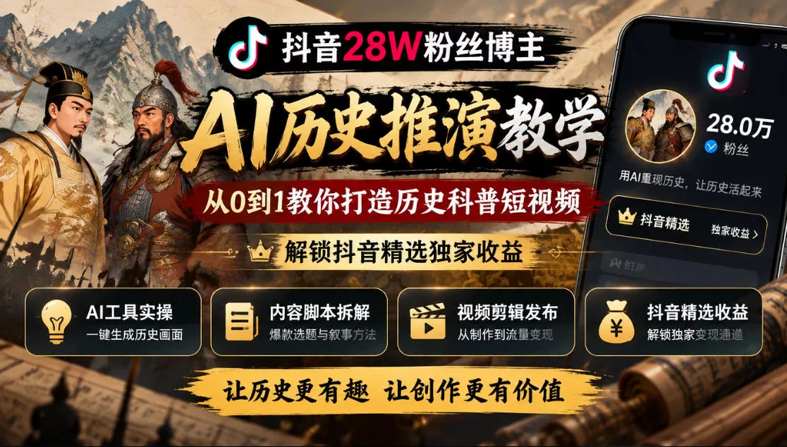 抖音28W粉丝博主的AI历史推演教学，从0到1教你打造历史科普短视频，解锁抖音精选独家收益_抖汇吧