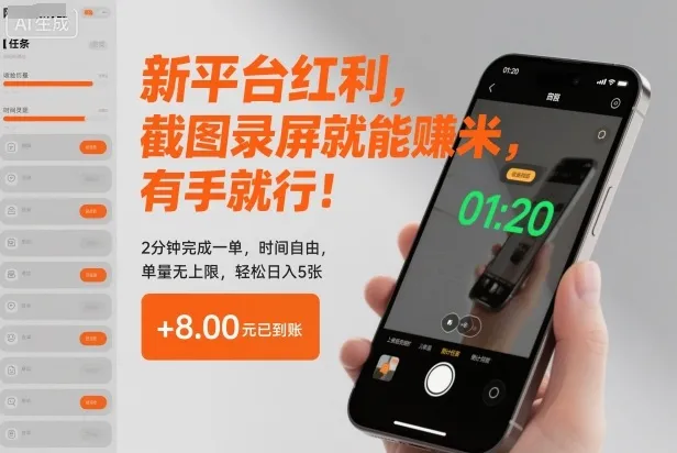 新平台红利，截图录屏就能賺米，有手就行！2分钟完成一单，时间自由，单量无上限，轻松日入5张【揭秘】_抖汇吧