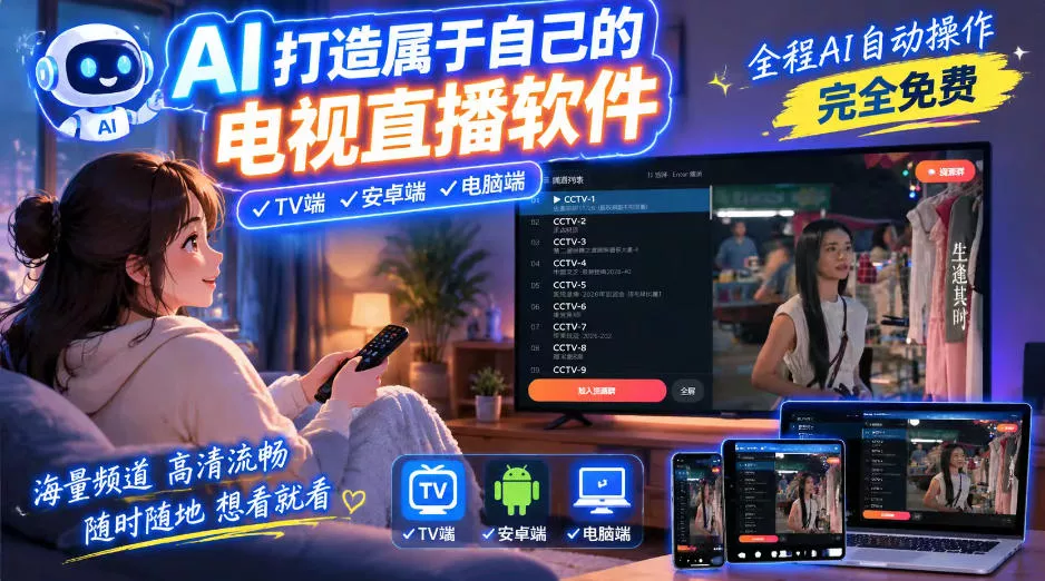 一个提示词，AI全自动做出电视直播软件，电脑、安卓、电视三端通用，完全免费，画质流畅不卡顿_抖汇吧