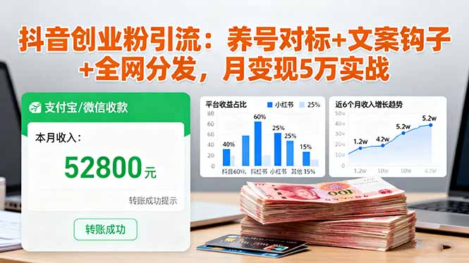 抖音创业粉引流：养号对标+文案钩子+全网分发，月变现5万实战_抖汇吧