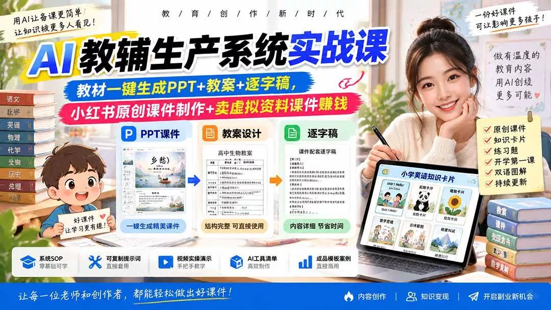 （20583期）AI教辅生产系统实战课-更新0922｜教材一键生成PPT+教案+逐字稿，小红书原创课件制作+卖虚拟资料课件赚钱_抖汇吧