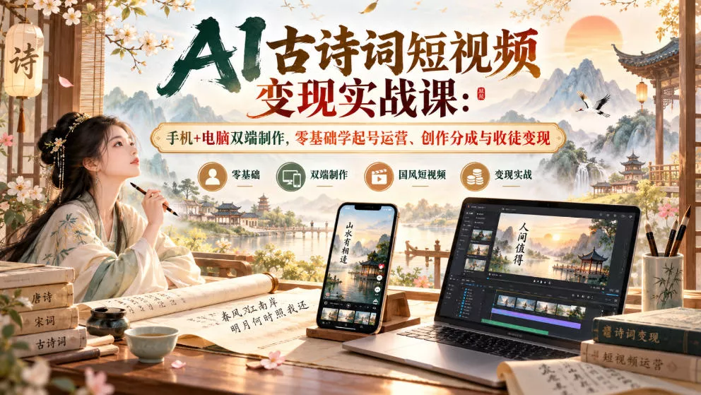 AI古诗词短视频变现实战课：手机+电脑双端制作，零基础学起号运营、创作分成与收徒变现_抖汇吧
