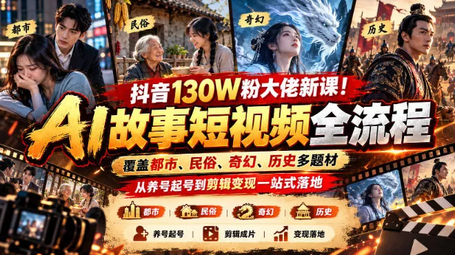 抖音130W粉大佬新课！AI故事短视频全流程，覆盖都市、民俗、奇幻、历史多题材，从养号起号到剪辑变现一站式落地_抖汇吧
