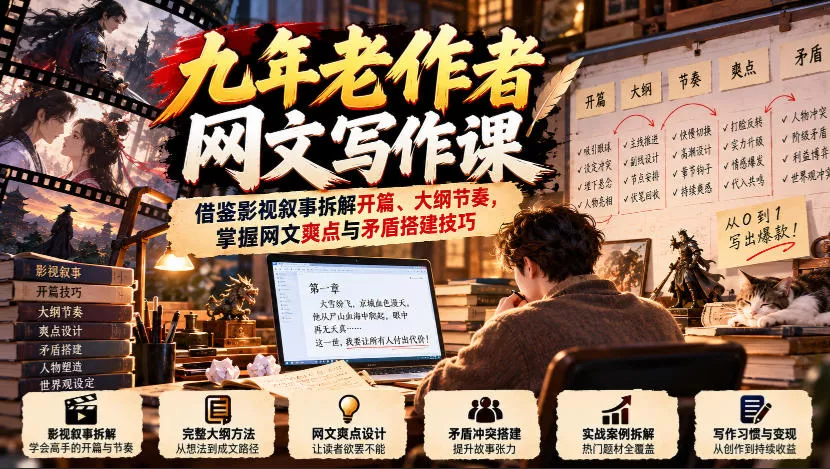 九年老作者网文写作课：借鉴影视叙事拆解开篇、大纲节奏，掌握网文爽点与矛盾搭建技巧_抖汇吧