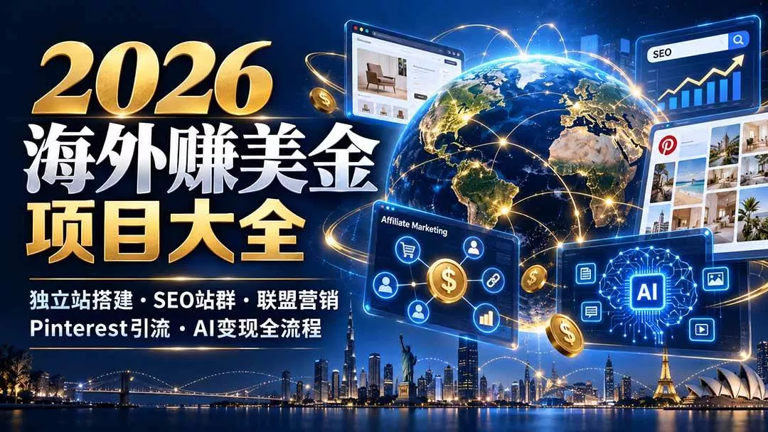 （21200期）2026海外赚美金项目大全：独立站搭建、SEO站群、联盟营销、Pinterest引流与AI变现全流程_抖汇吧