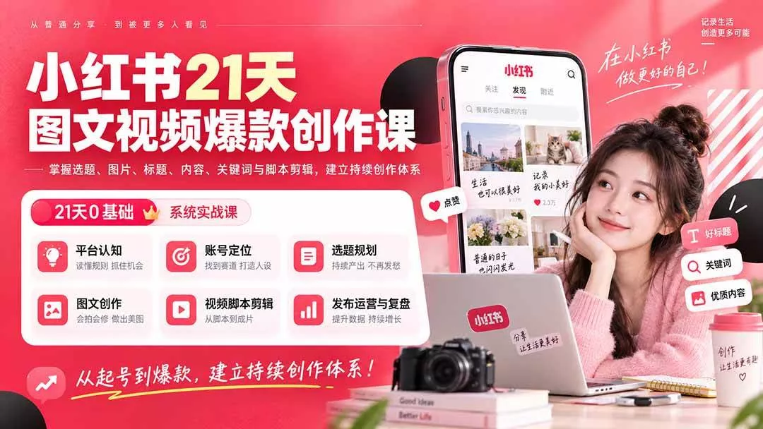 (20341期)小红书21天图文视频爆款创作课:掌握选题、图片、标题、内容、关键词与脚本剪辑,建立持续创作体系 (20341期)小红书21天图文视频爆款创作课:掌握选题、图片、标题、内容、关键词与脚本剪辑,建立持续创作体系