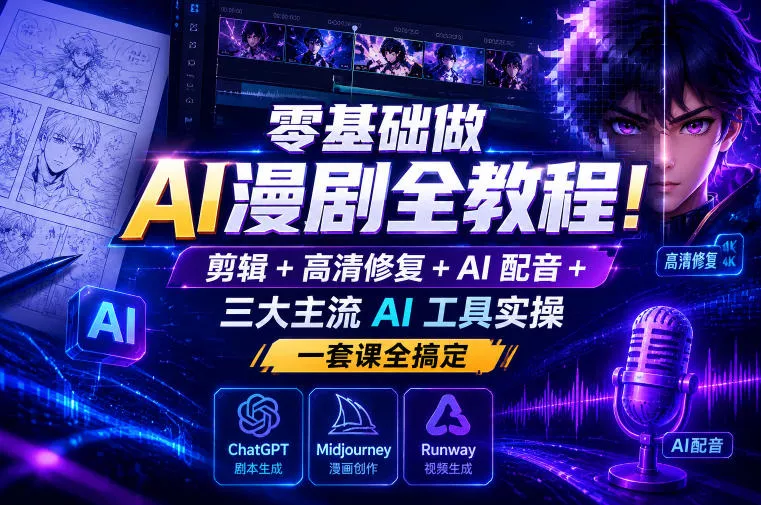 零基础做AI漫剧全教程！剪辑+高清修复+AI配音+三大主流AI工具实操，一套课全搞定_抖汇吧