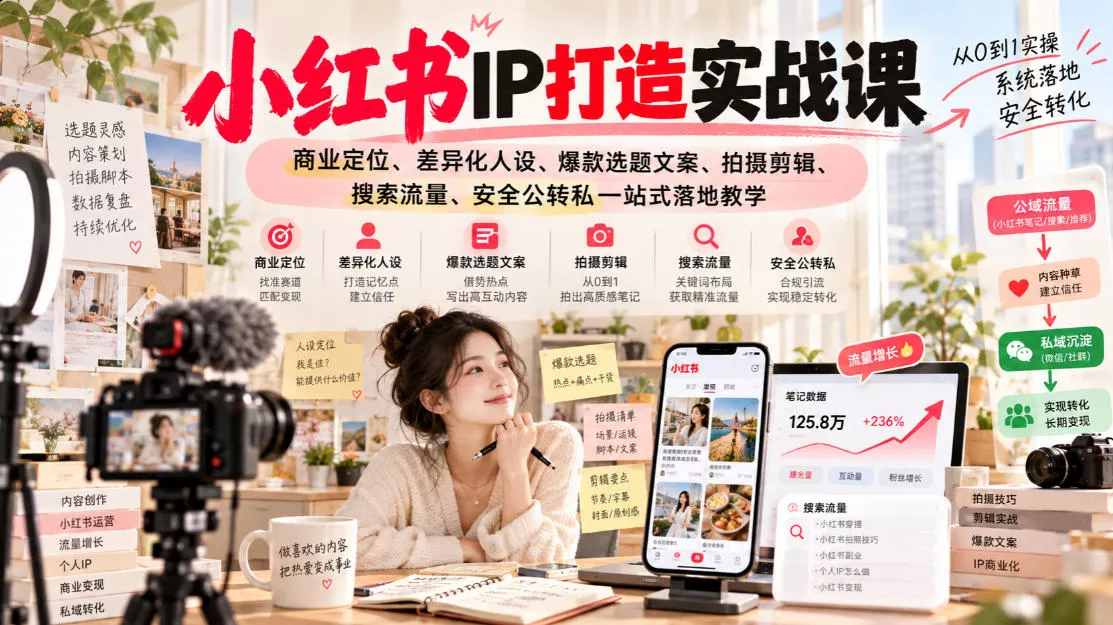 小红书ip打造实战课，商业定位、差异化人设、爆款选题文案、拍摄剪辑、搜索流量、安全公转私一站式落地教学_抖汇吧