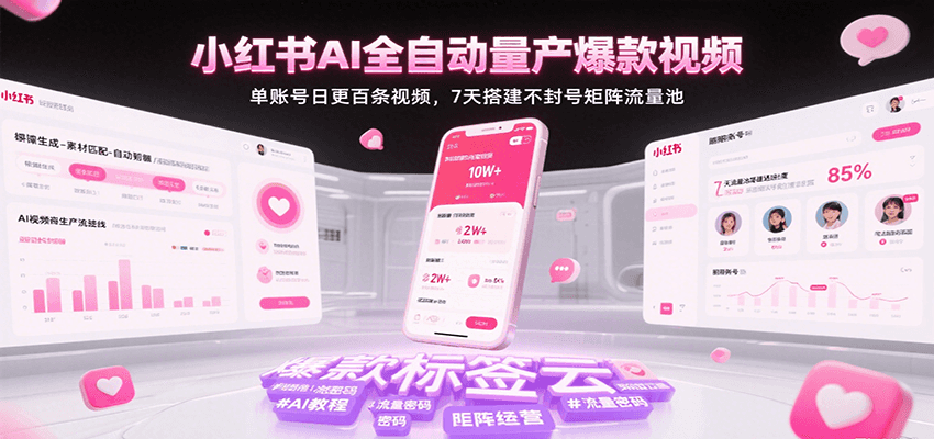 小红书AI全自动量产爆款视频，单账号日更百条视频，7天搭建不封号矩阵流量池_抖汇吧