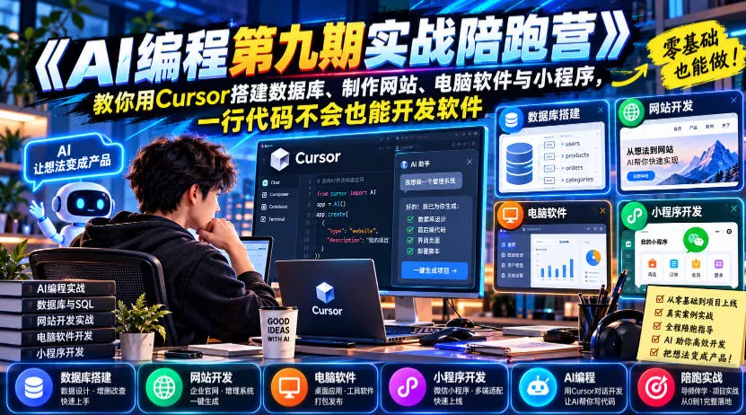 【无水印】《AI编程第九期实战陪跑营》教你用Cursor搭建数据库、制作网站、电脑软件与小程序，一行代码不会也能开发软件_抖汇吧