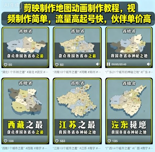 剪映制作地图动画制作教程，视频制作简单，流量高起号快，伙伴单价高_抖汇吧