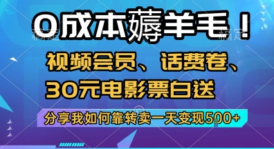 0成本薅羊毛!视频会员、话费卷、30元电影票白送，分享我如何靠转卖一天变现5张+【揭秘】_抖汇吧