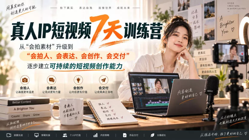 真人IP短视频7天训练营，从“会拍素材”升级到“会拍人、会表达、会创作、会交付”，逐步建立可持续的短视频创作能力_抖汇吧
