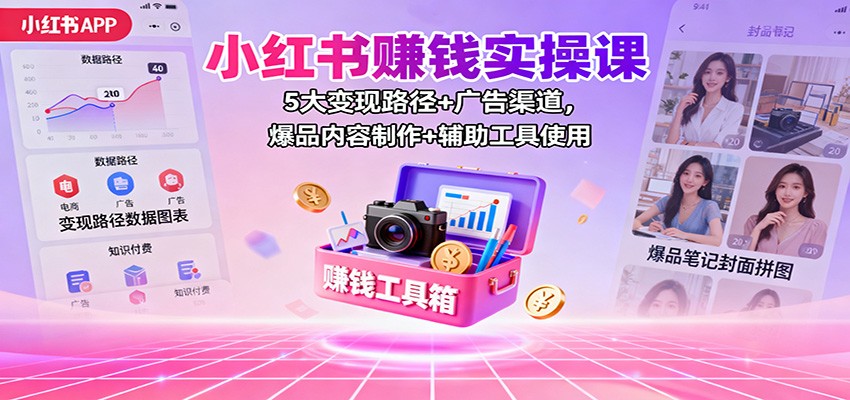 小红书赚钱实操课：5大变现路径+广告渠道，爆品内容制作+辅助工具使用_抖汇吧